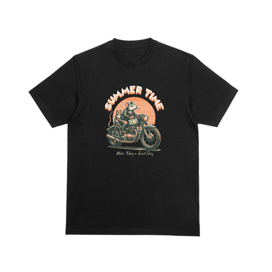 Summer Time Mouse and Cat On A Motorcycle Graphic T-Shirt